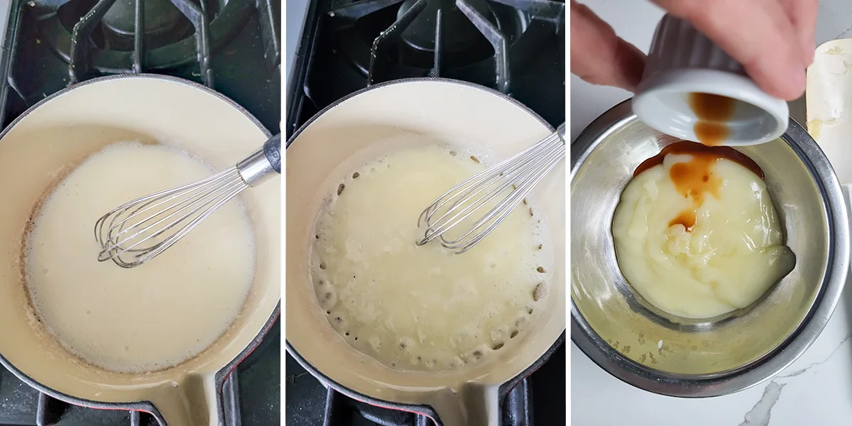 A pan of cornstarch and cream cooking. A bowl of pudding with vanilla being added. 