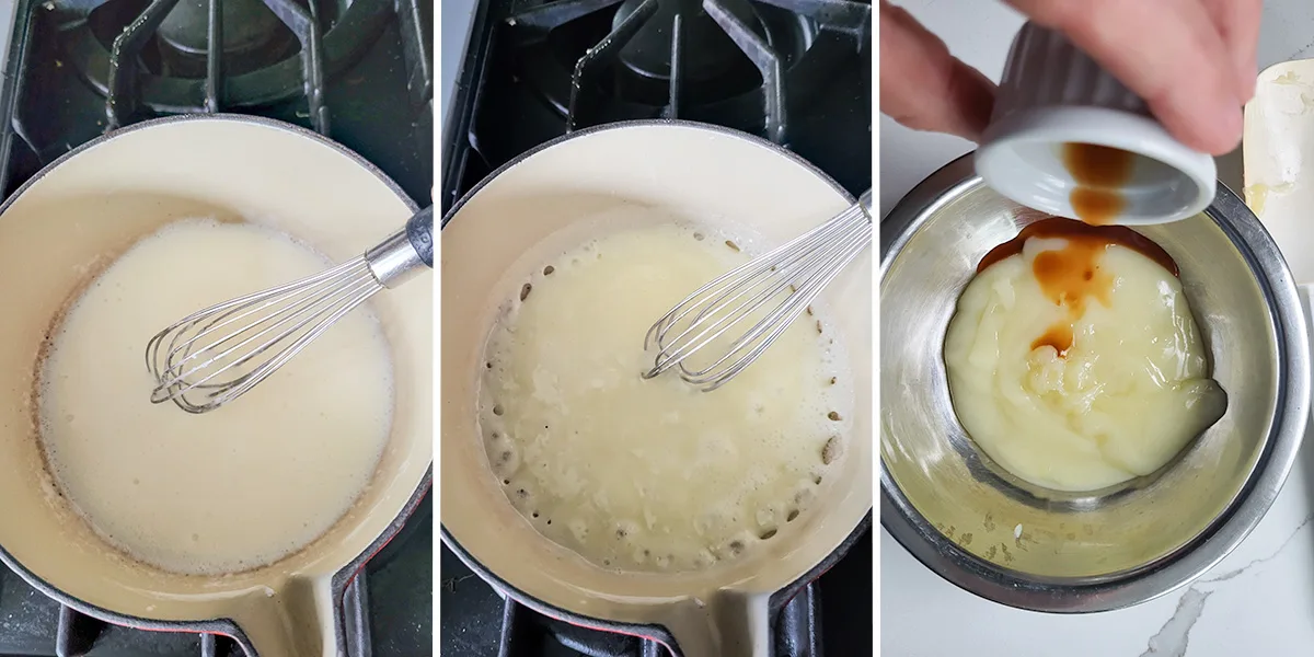 A pan of cornstarch and cream cooking. A bowl of pudding with vanilla being added.