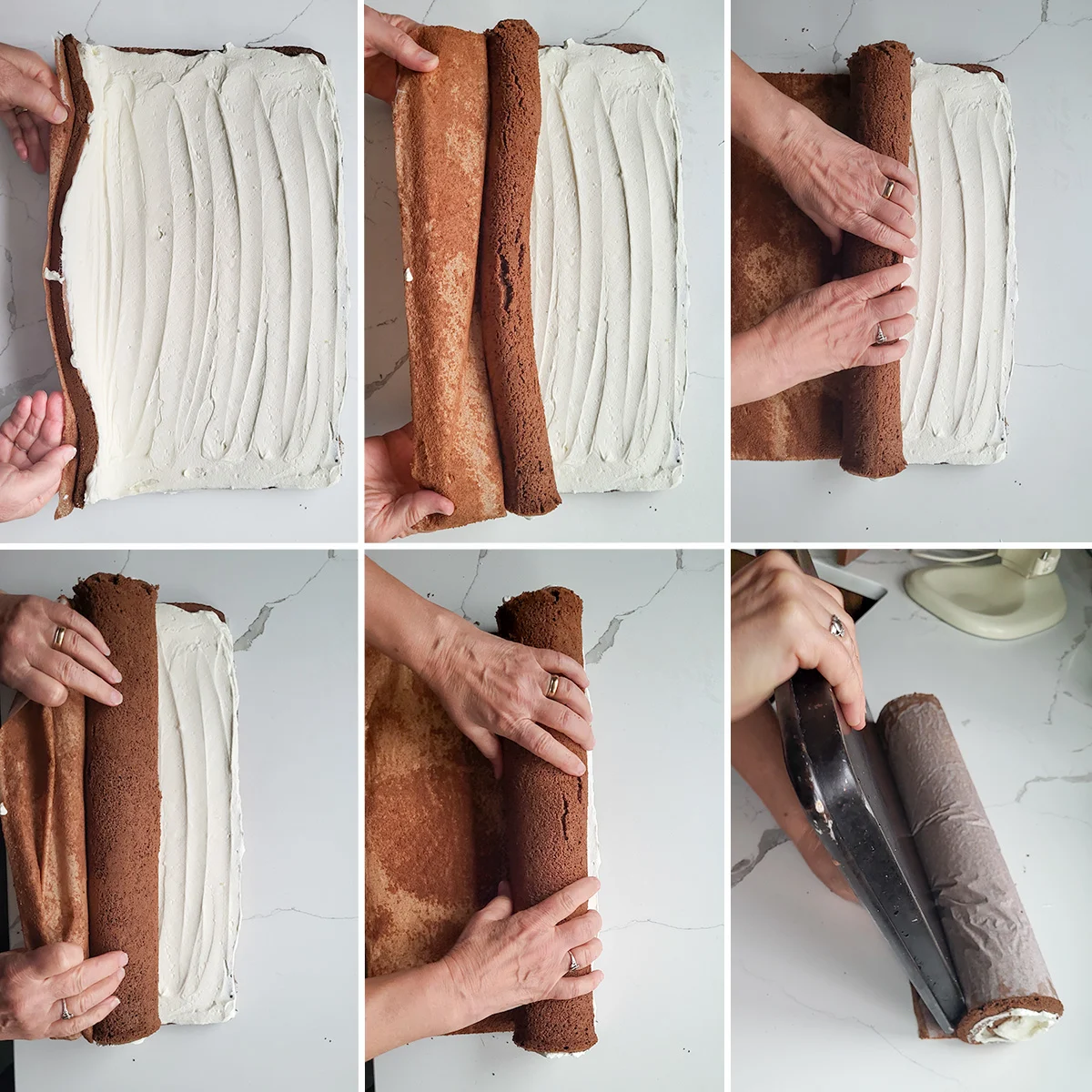 Lifting parchment paper to roll a cream filled cake. Wrapping the rolled cake in parchment paper.