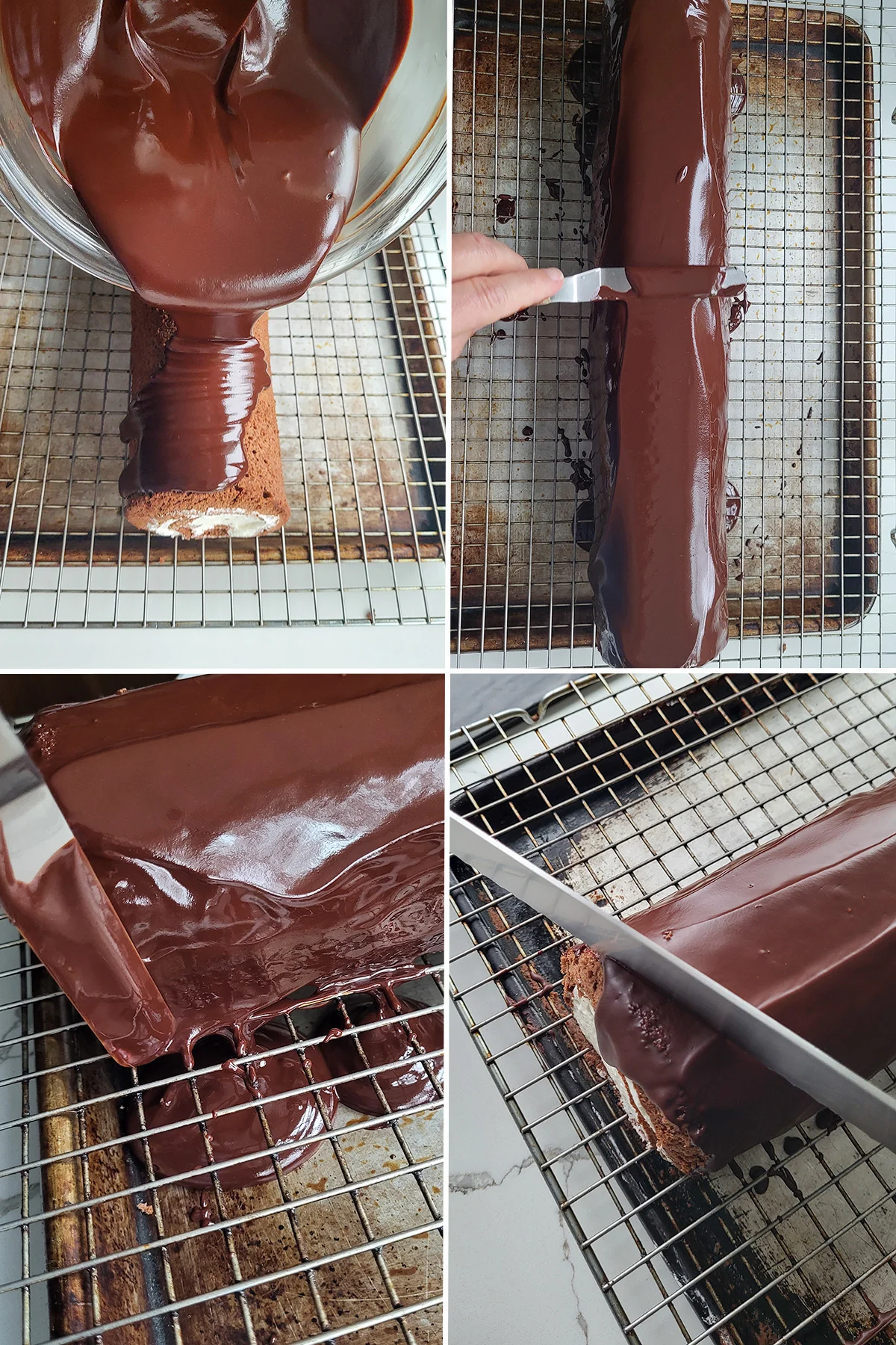 Pouring chocolate glaze over a roll cake and spreading the glaze smooth.