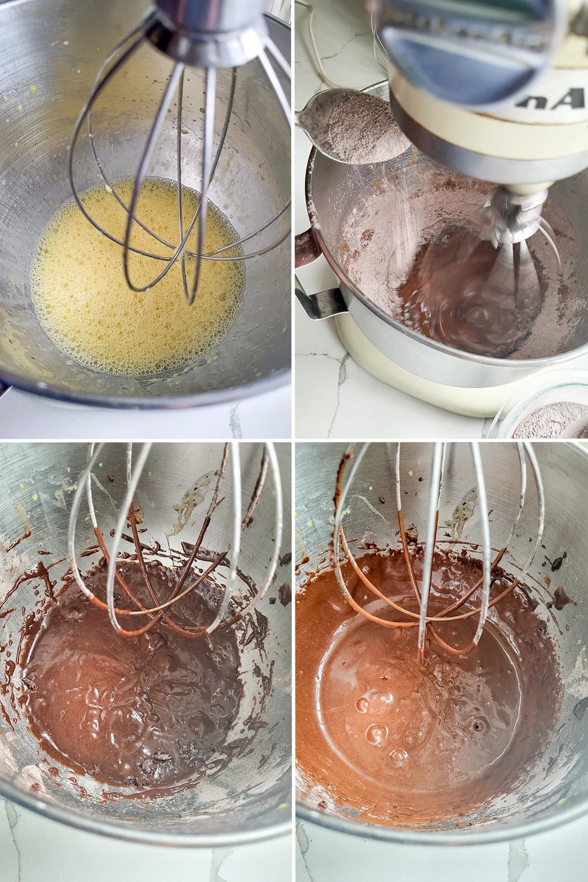 A bowl of eggs with a whisk. Cocoa being added to eggs. Chocolate batter before whisking and chocolate batter after whisking.