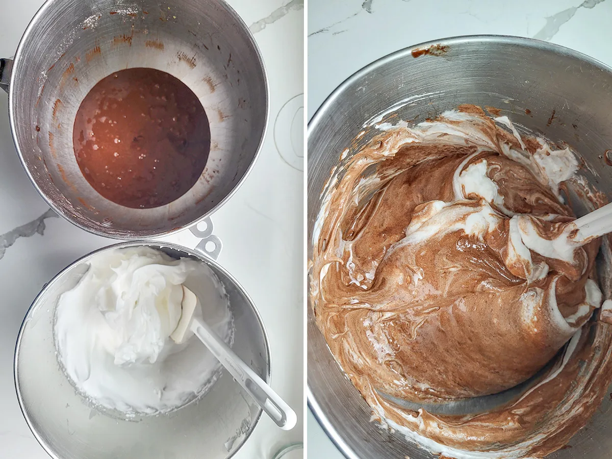a bowl of chocolate batter and a bowl of whipped eggs whites. Egg whites folded into chocolate batter. 