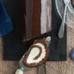 Pinterest image for chocolate swiss roll cake with text overlay