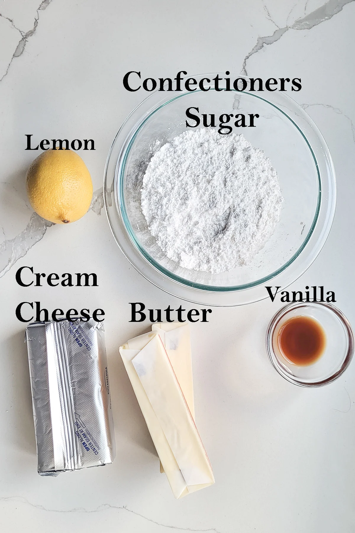 ingredients for cream cheese frosting  displayed in bowls with text overlay