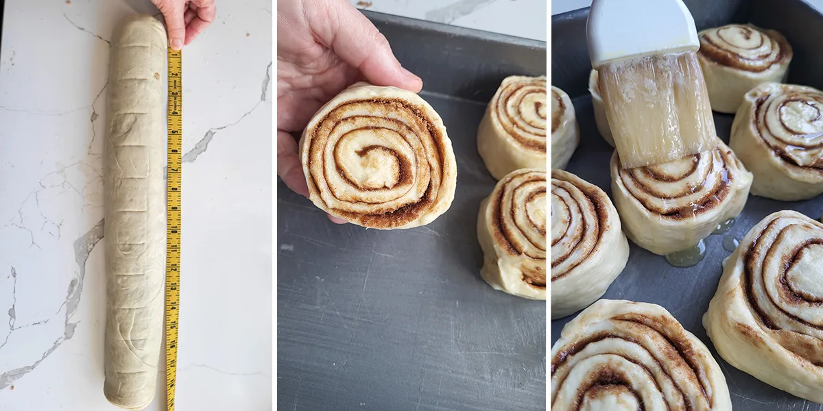 A log of dough and a tape measure. A hand holding a bun. Brushing melted butter on an unbaked bun.
