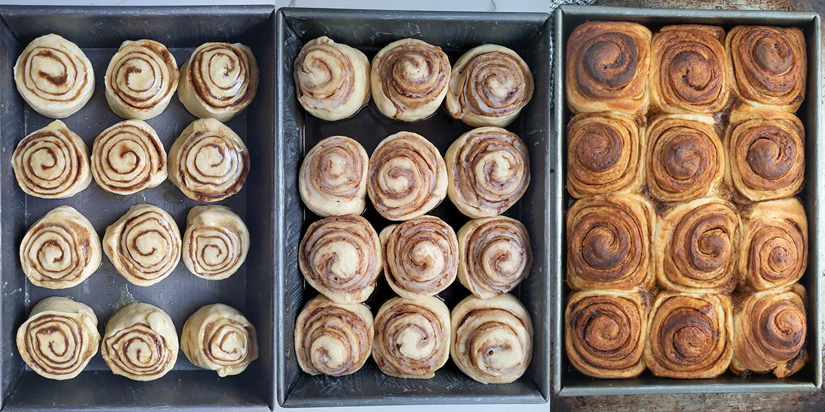 Buns in a pan before and after rising and after baking.