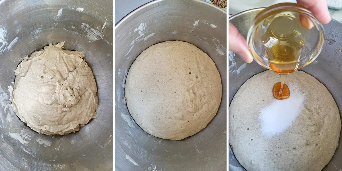 A bowl with rye bread sponge. Adding salt and honey to rye bread sponge.