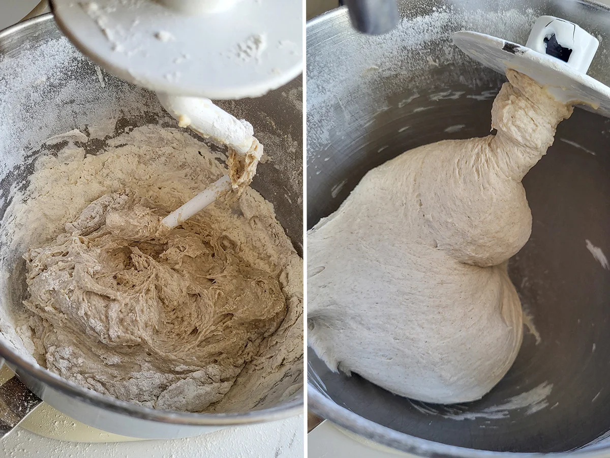a bowl of rye bread dough before and after kneading.