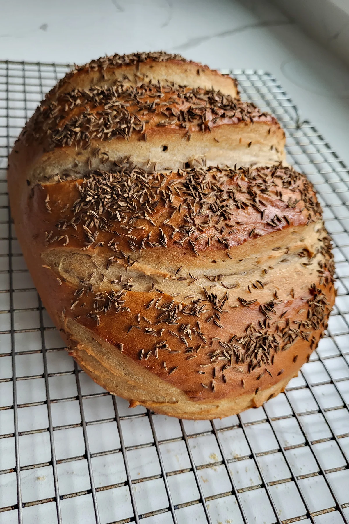 a loaf of rye bread on a cooling rack.