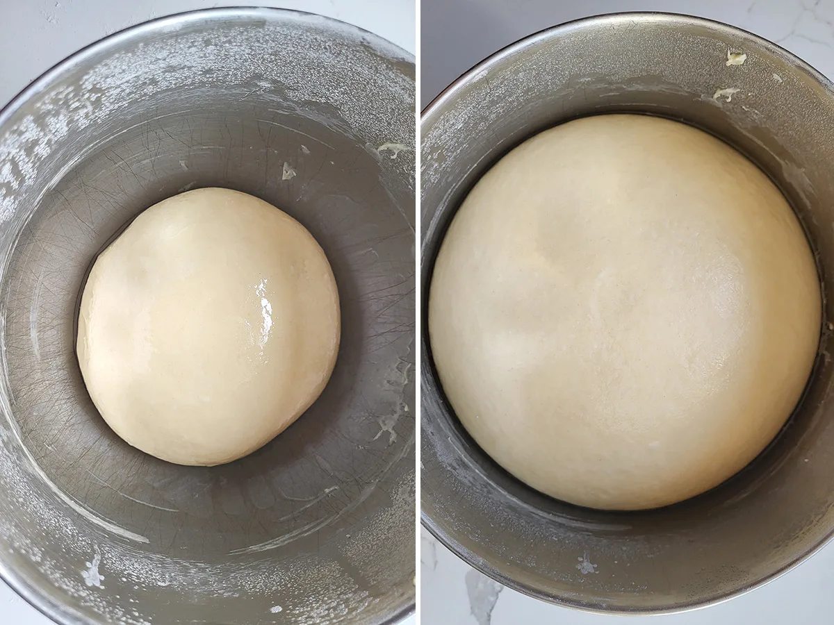 A bowl of dough before and after rising.