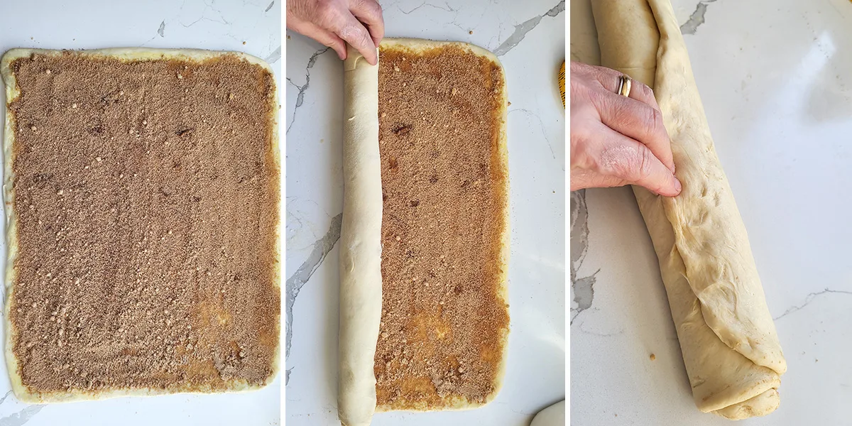 A rectangle of dough covered with brown sugar. A hand rolling the dough. A hand pinching the seam on a log of dough.