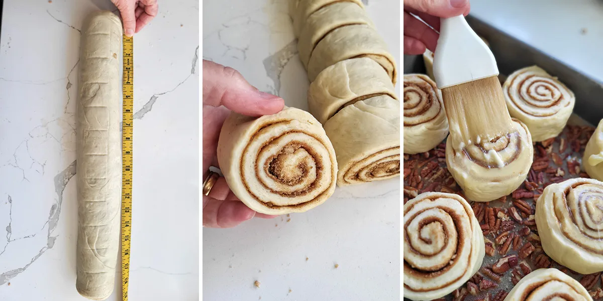 A log of dough and a tape measure. A hand holding a bun. Brushing melted butter on an unbaked bun.