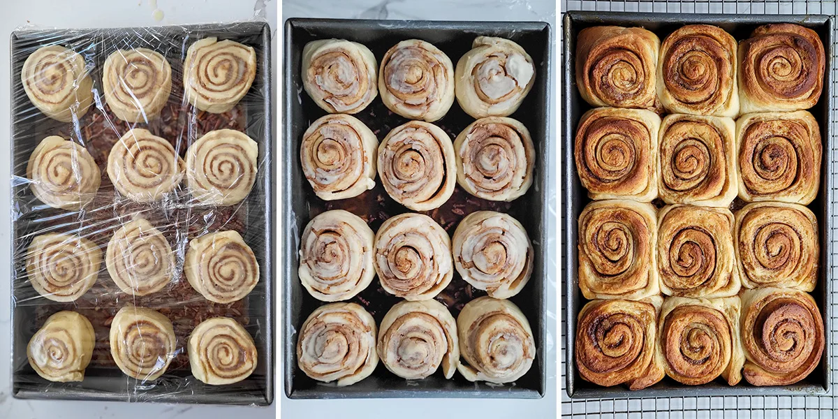 Buns in a pan before and after rising and after baking.