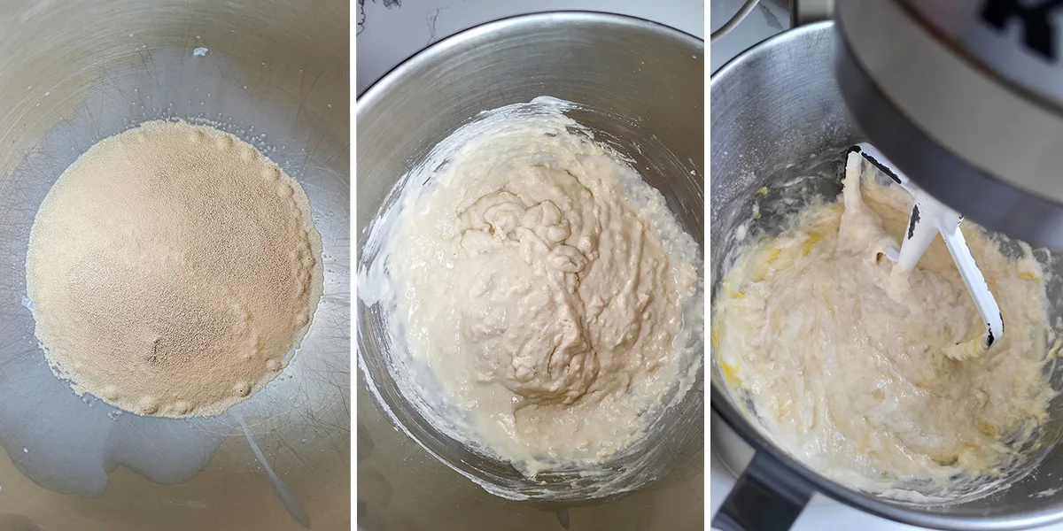 Three bowls with flour and water to make dough.