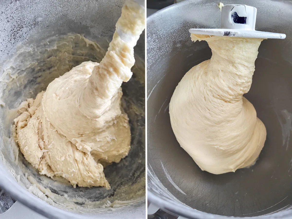 Dough in a mixer before and after kneading.