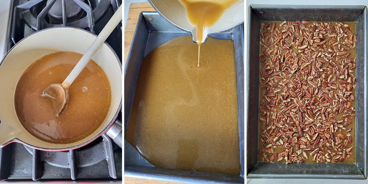 Melted caramel in a pot. Melted Caramel in a baking pan. Pecans on caramel in a baking pan.