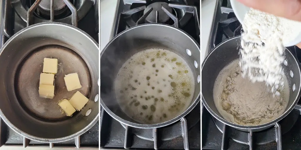 Butter and water in a saucepan. Butter and boiling water in a saucepan. Flour pouring into a pot of boiling water and butter.