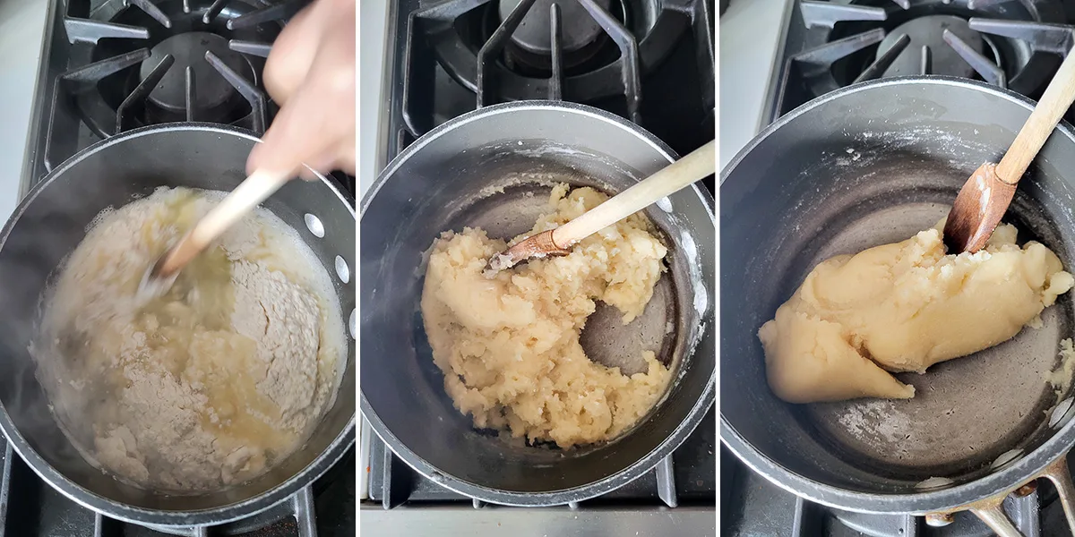 Three photos of choux pastry batter cooking in a pan.