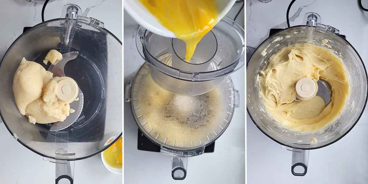 Choux pastry batter in a food process. Eggs added to the batter. Finished batter in the food processor.