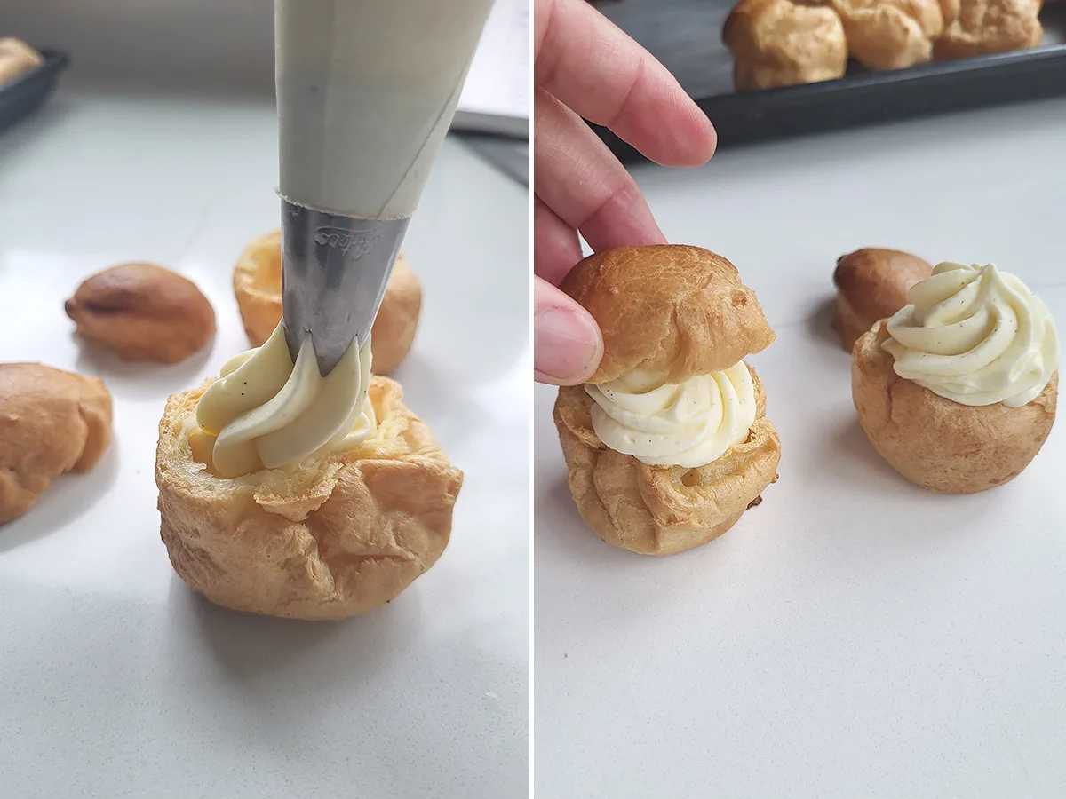 a piping bag piping cream into a cream puff.