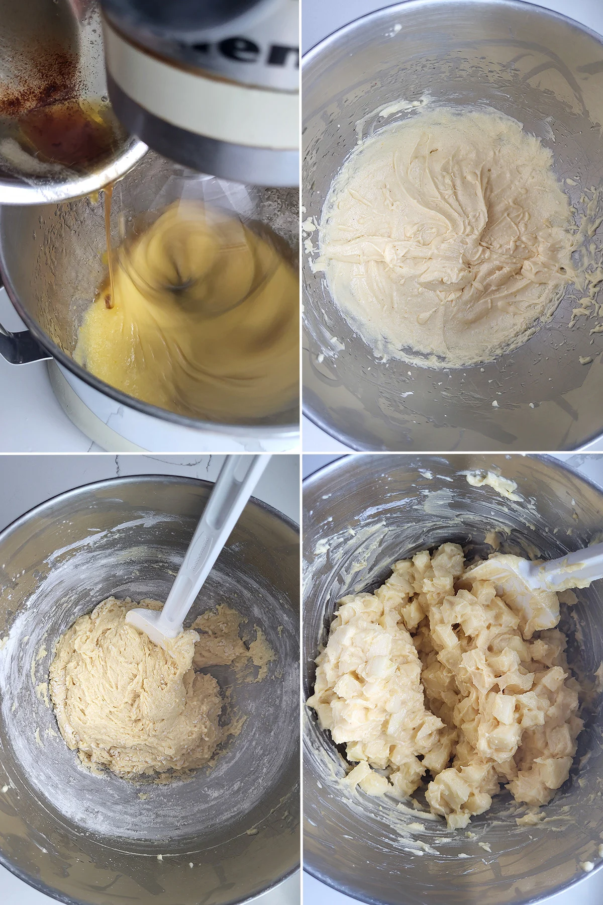 A mixing bowl with eggs and brown butter pouring in. Cake batter in a bowl. Apples in cake batter.