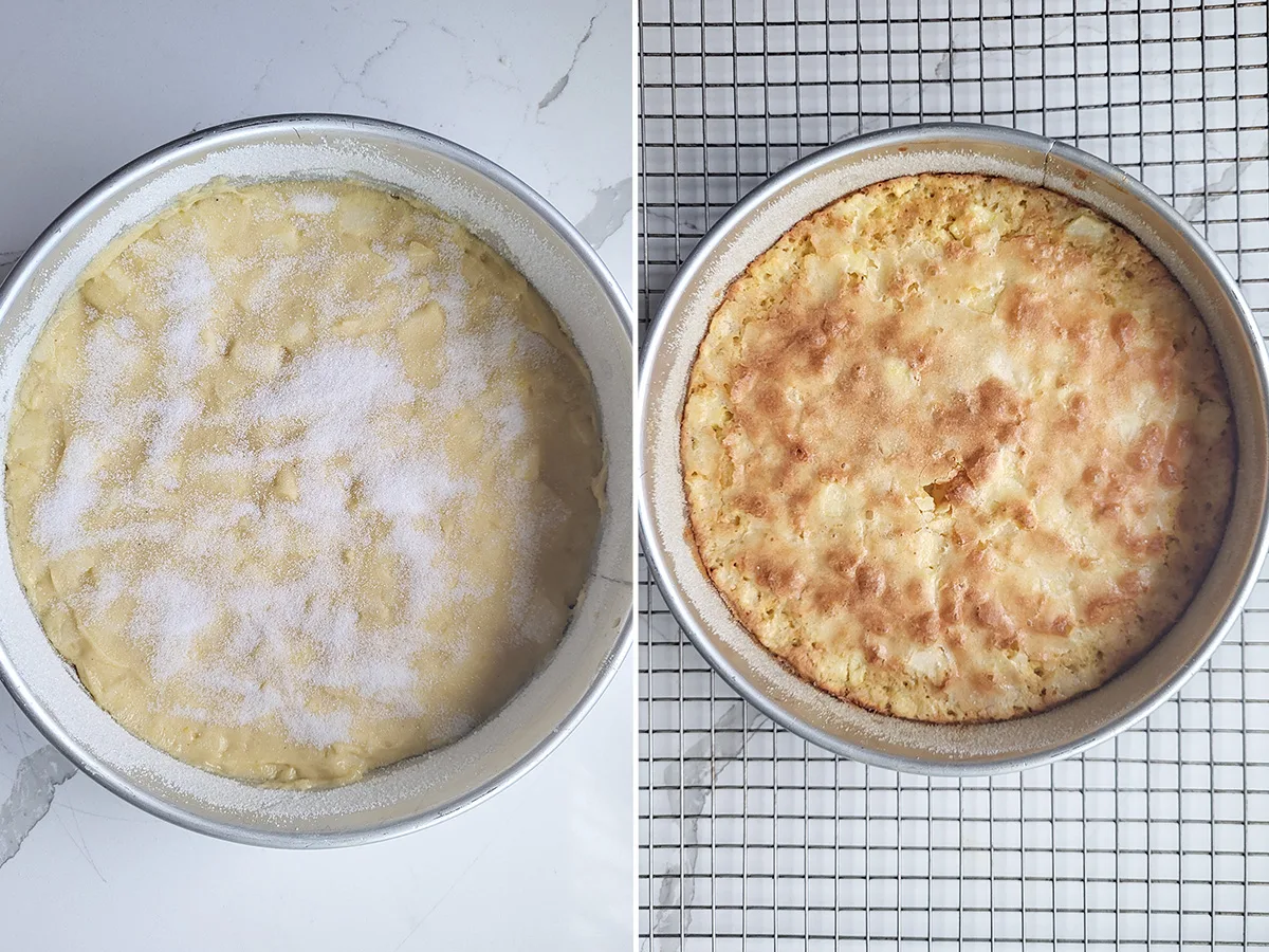 French apple cake before and after baking.