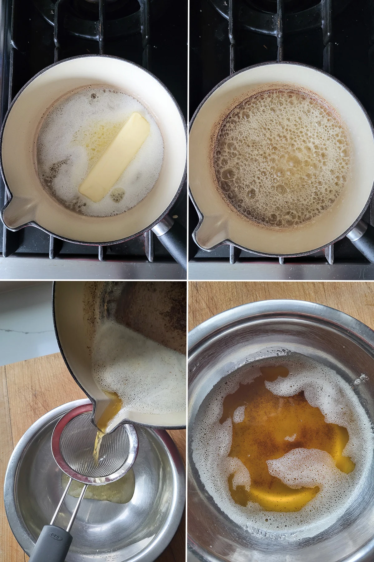 A pan of melting butter. A pan of browning butter. Straining melted butter into a bowl. A bowl of brown butter.