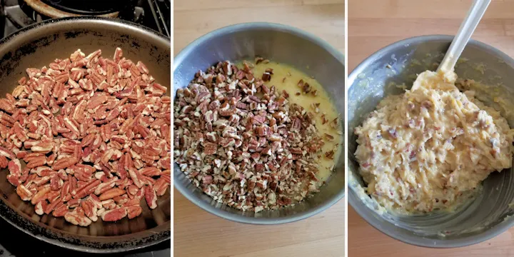 pecans in a pan. Pecans and milk filling in a bowl.