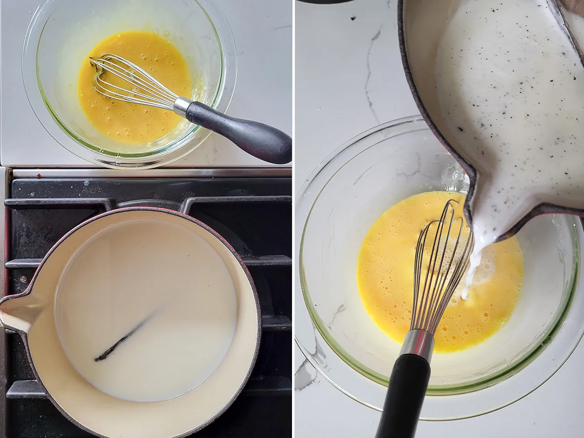 a bowl of eggs and a pan of milk with vanilla bean.