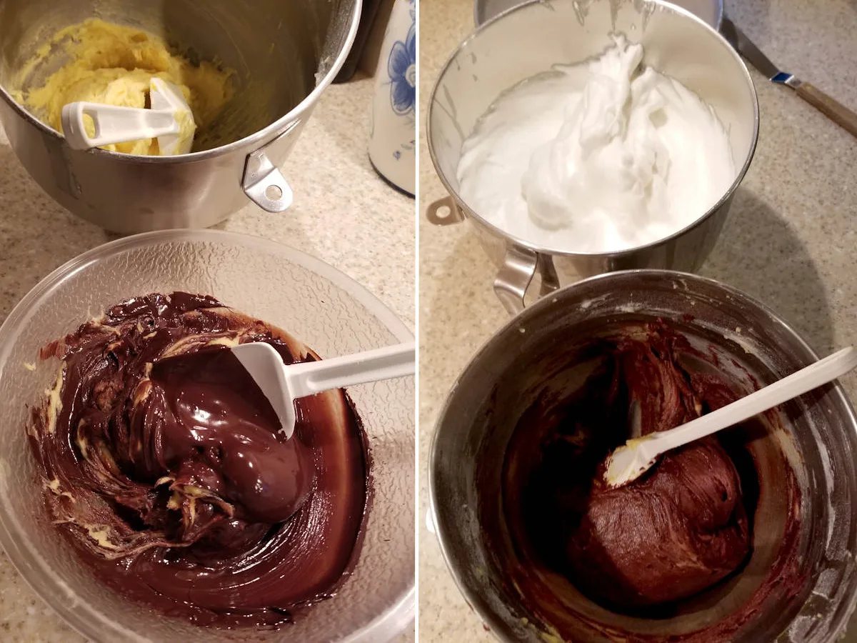 A bowl of batter and a bowl of melted chocolate. A bowl of whipped egg whites and a bowl of chocolate batter.