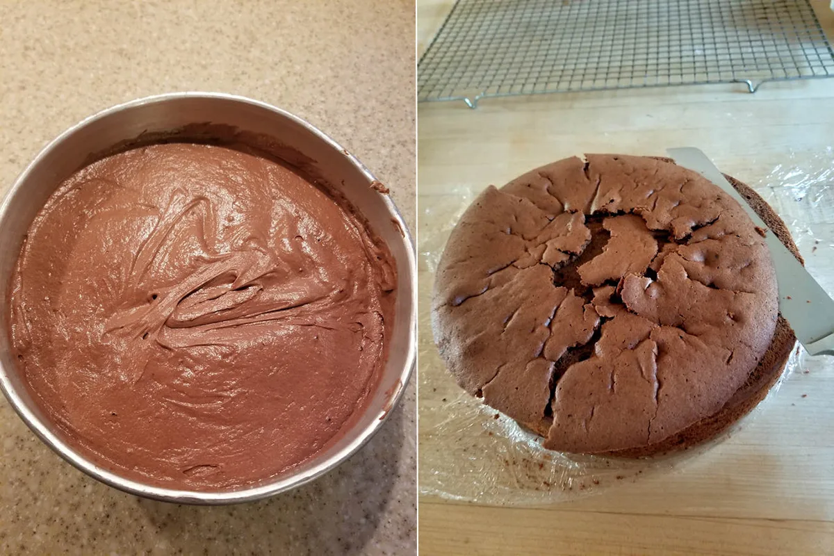 a chocolate cake before and after baking.