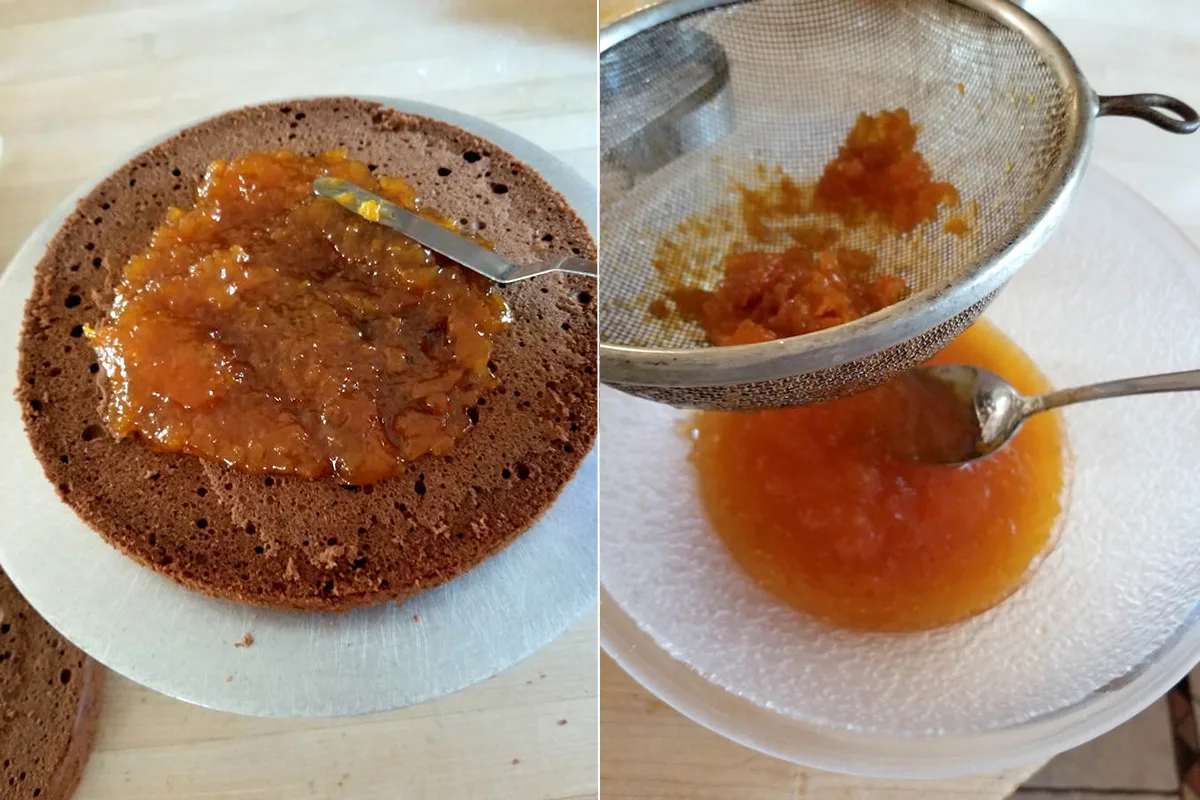 Apricot preserves spreading on a chocolate cake. Apricot preserves in a strainer.