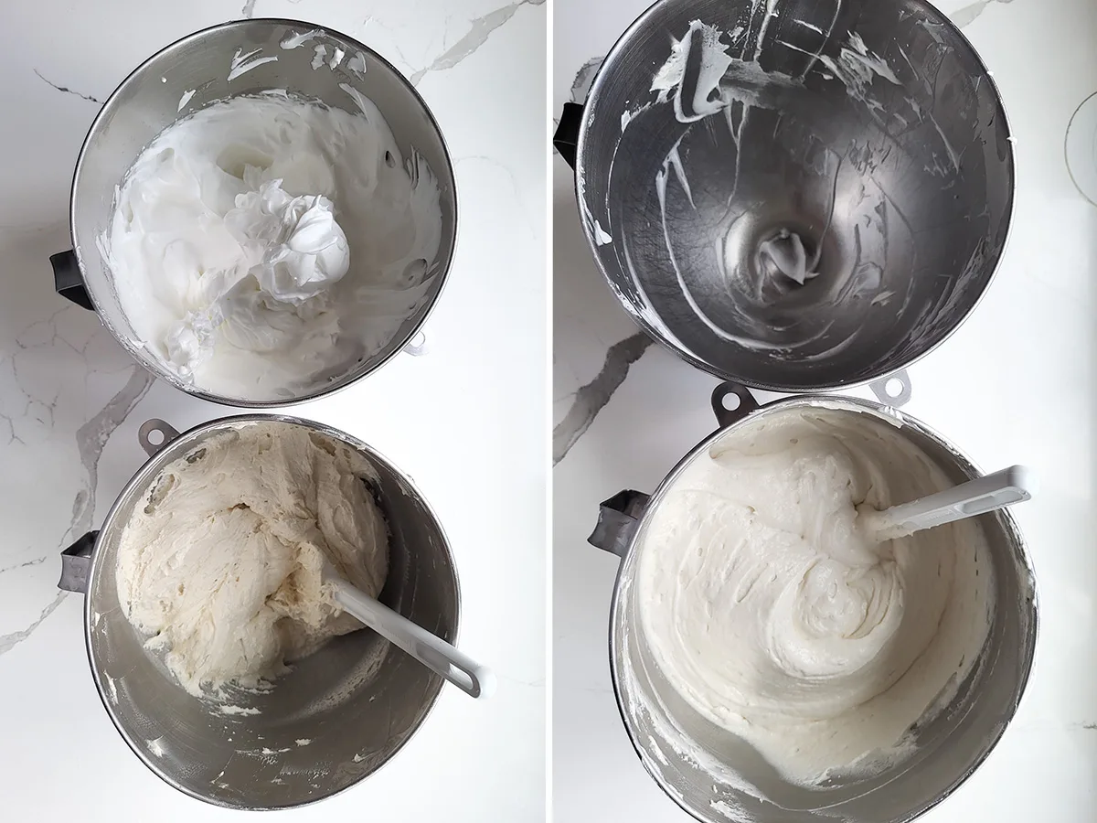 A bowl of egg whites and a bowl of cake batter. An empty bowl from egg whites and lightened cake batter.