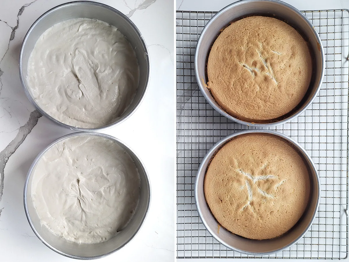 two pans of white cake batter before and after baking.