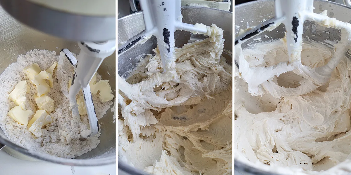 A bowl of flour on a mixer with butter added. A bowl of partially mixed batter. A bowl of light and airy batter.