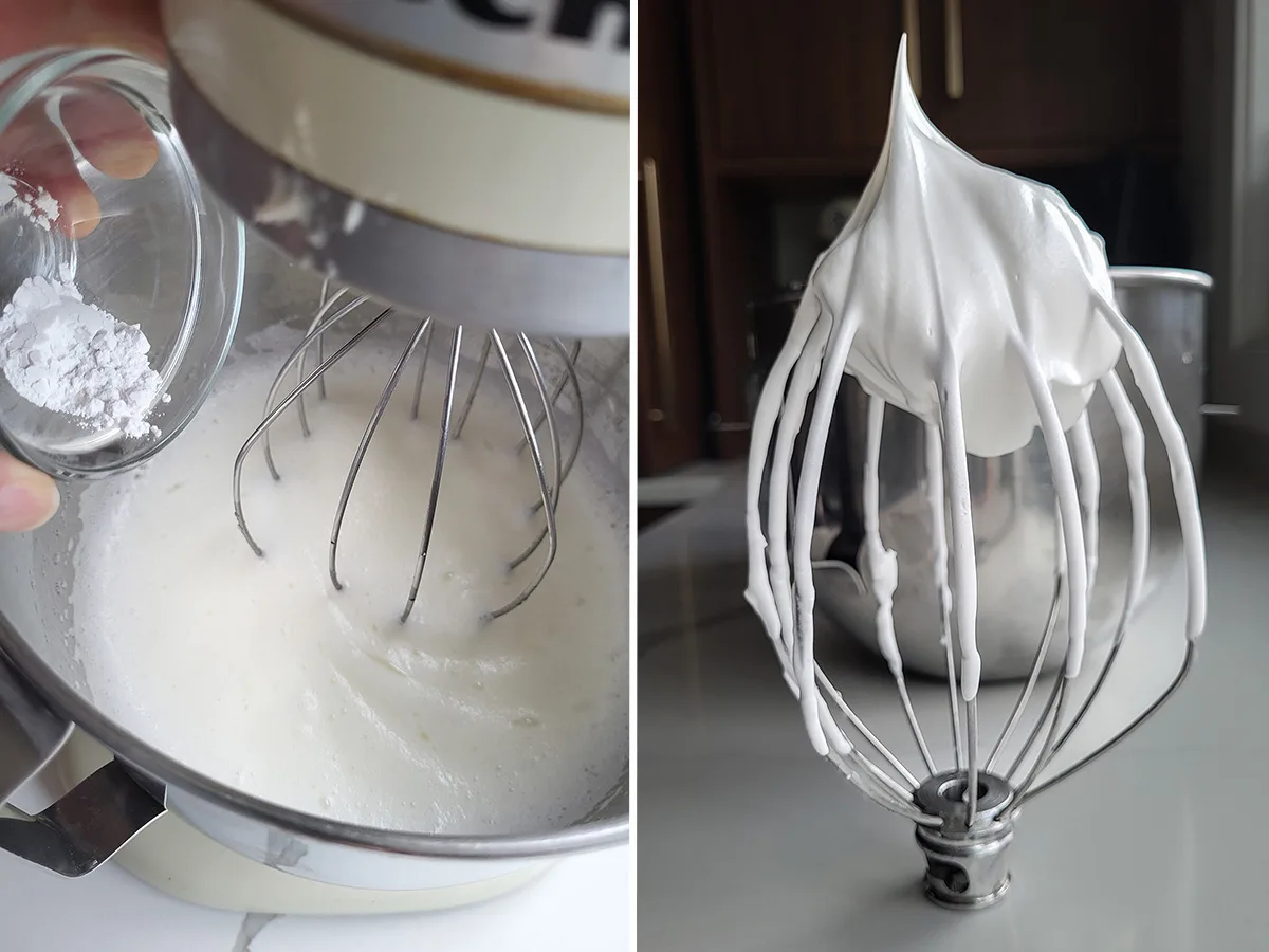 a bowl of egg whites on a mixer. A whisk with whipped egg whites on it.