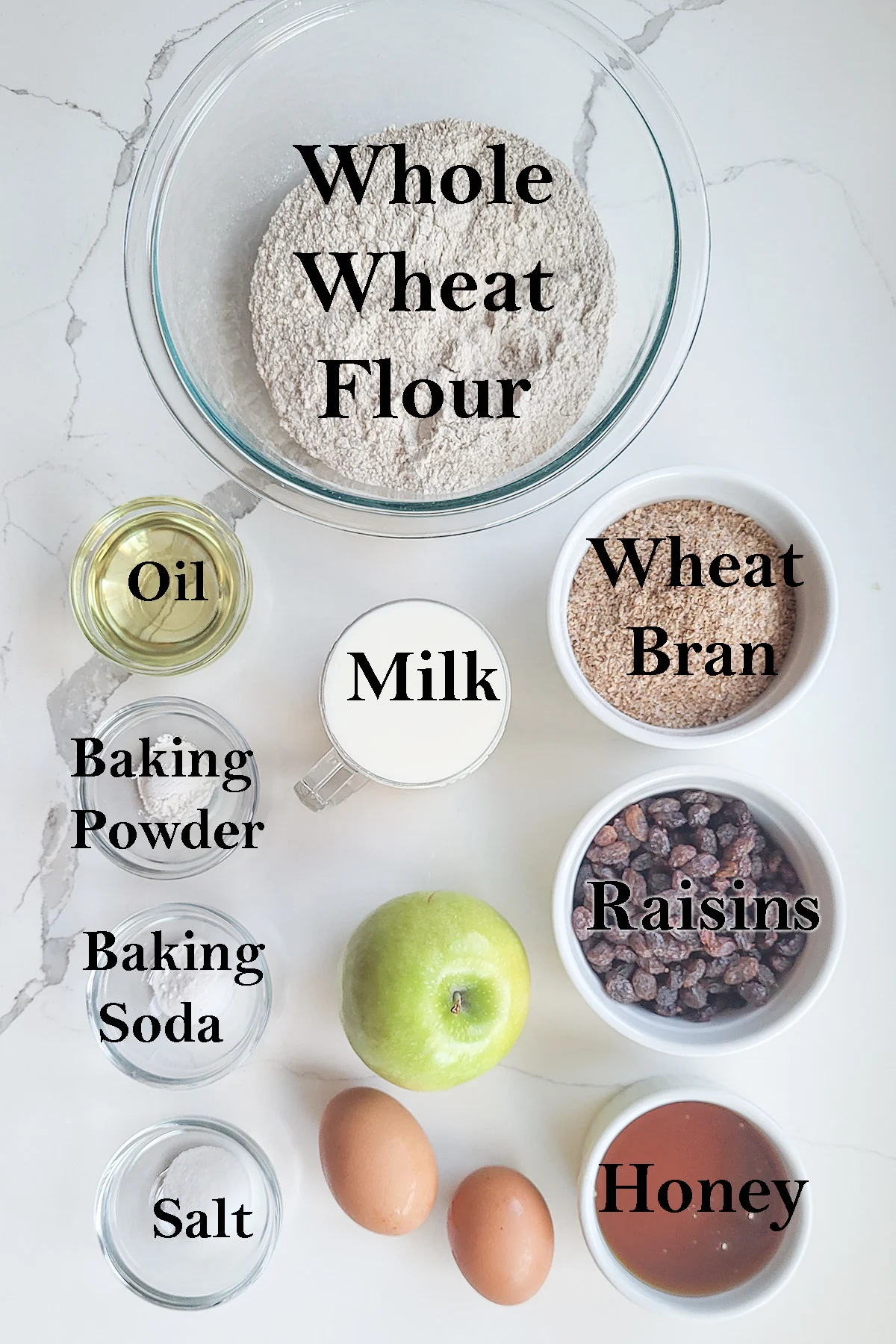 Ingredients for bran muffins with text overlay.