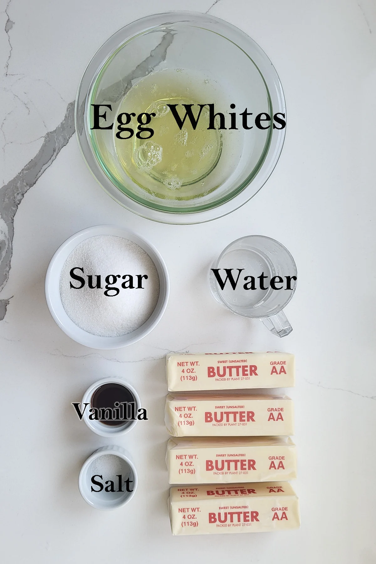 Ingredients for Italian Meringue Buttercream with text overlay.