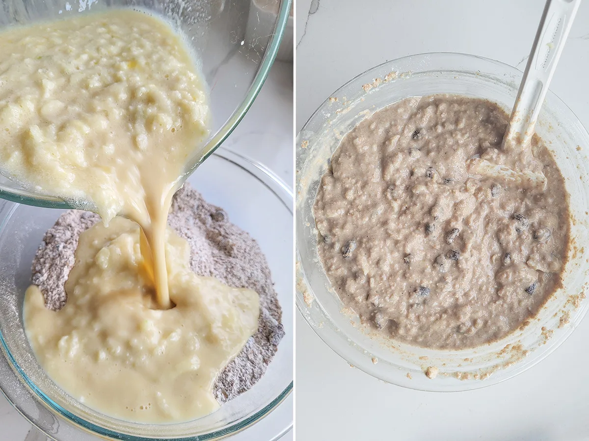 Adding wet ingredients to dry ingredients. A bowl of bran muffin batter.