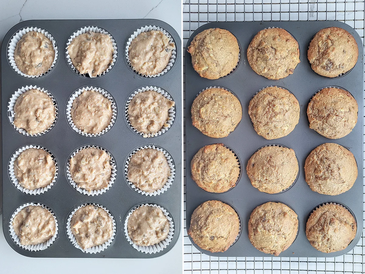 A tray of bran muffins before and after baking.