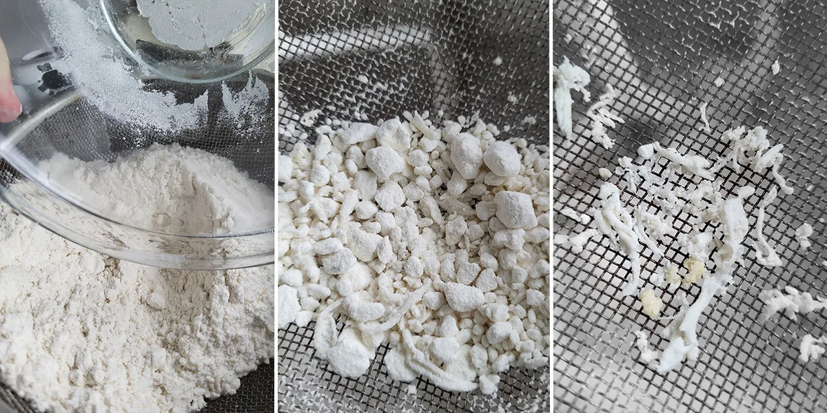 Three photos showing flour sifted