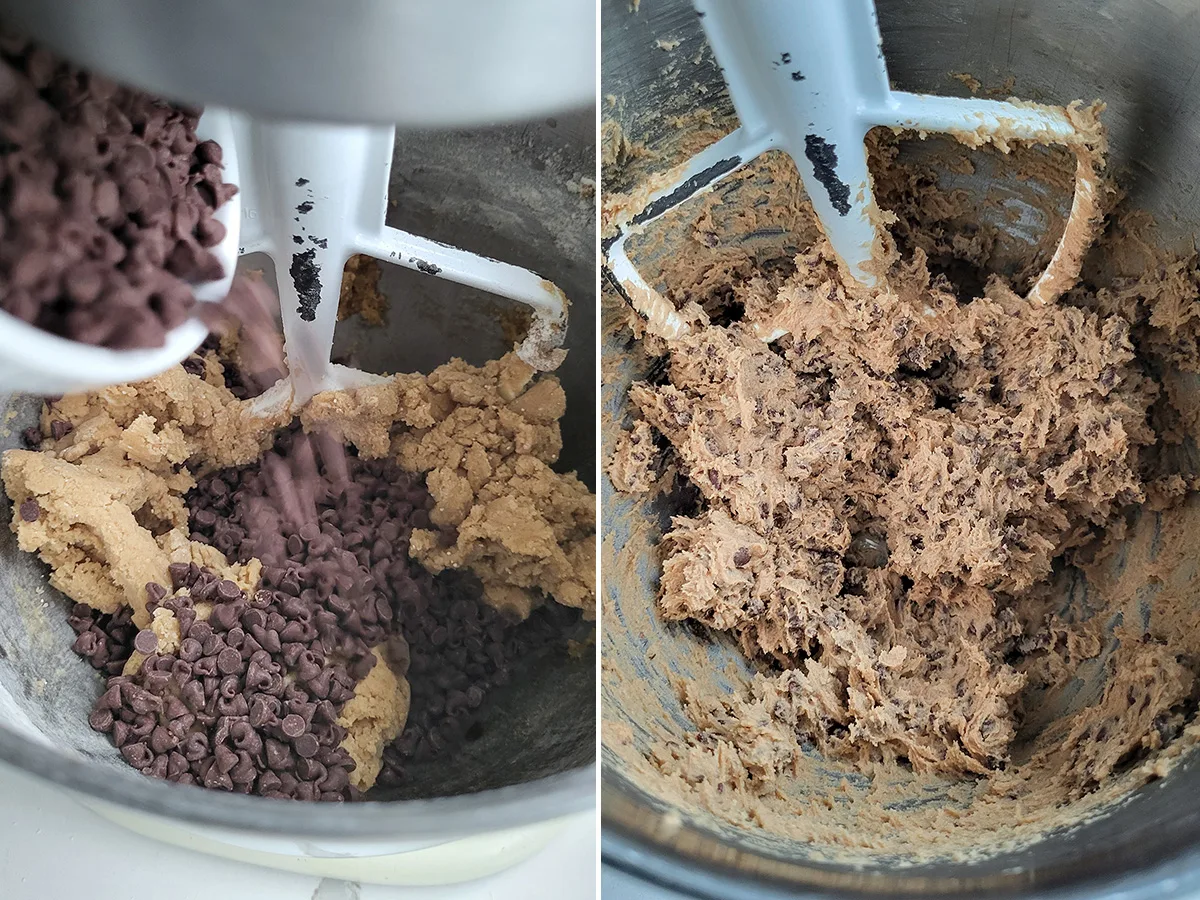 Chocolate chips being added to cookie dough.