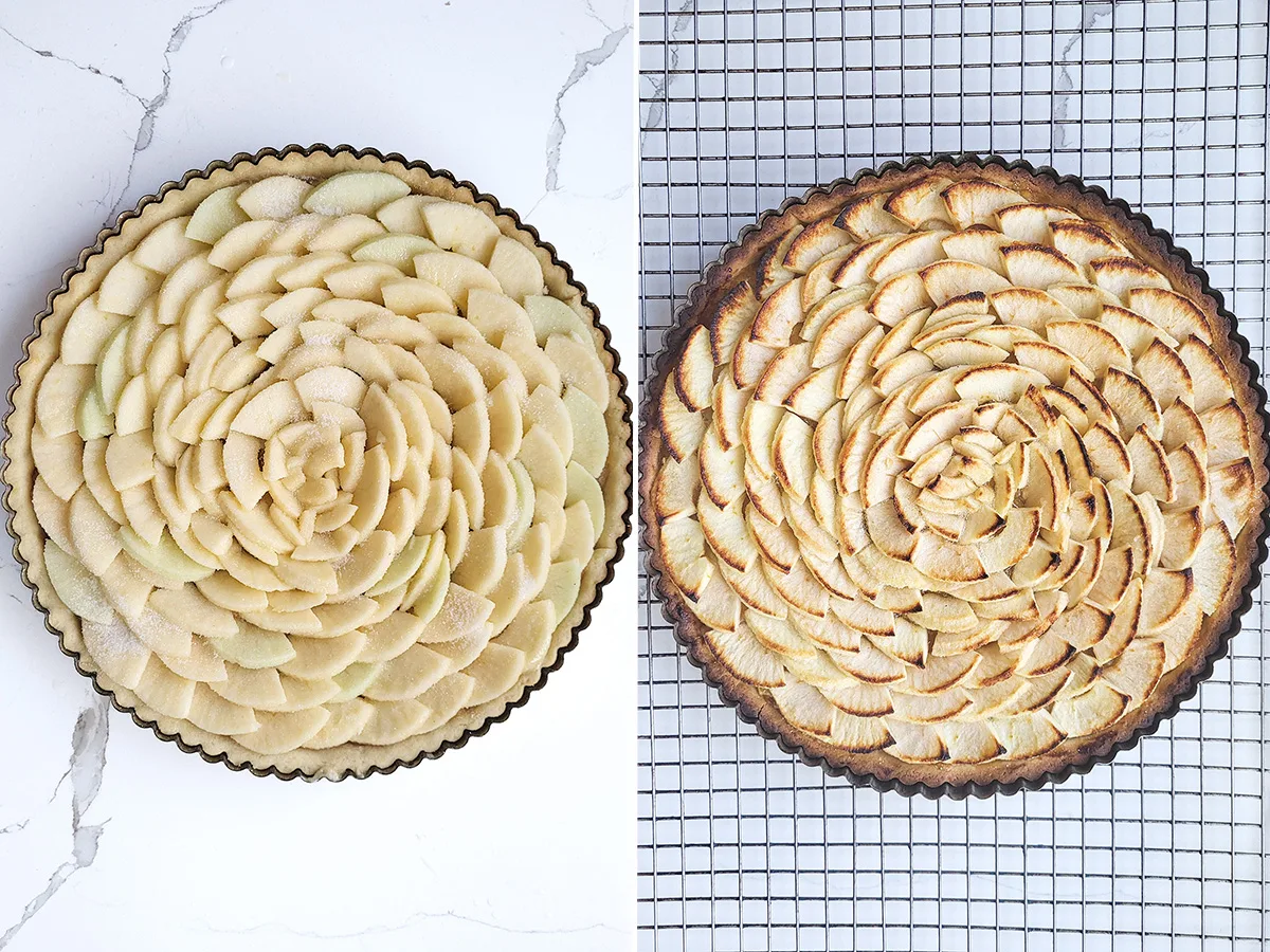 An apple tart before and after baking.