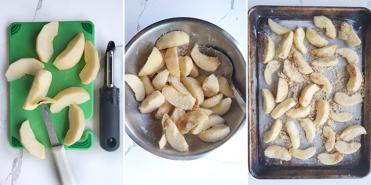 Sliced apples on a cutting board. Slice apples with sugar and cinnamon in a bowl. Sliced apples on a baking tray.