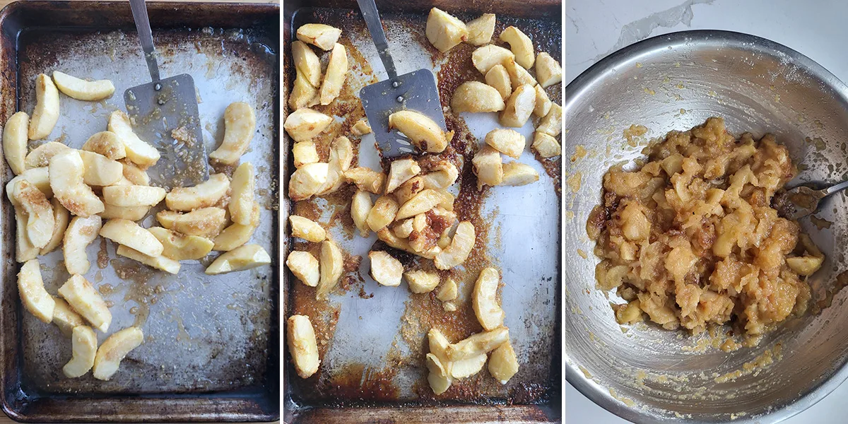 Partially baked sliced apples on a baking tray. Mashed apples in a bowl.