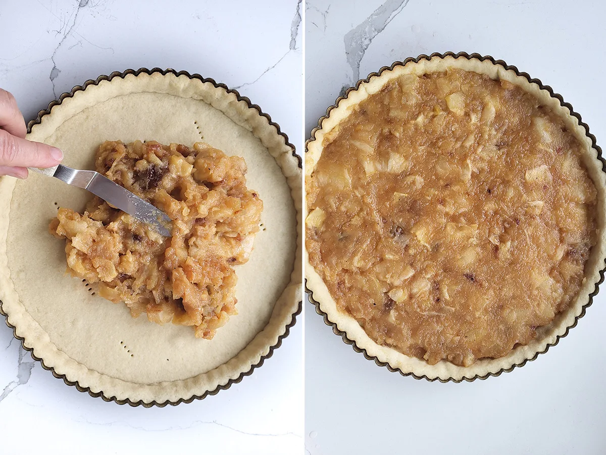Apple compote spread into a tart shell.