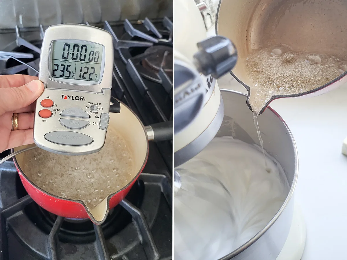 A thermometer over a pot of sugar syrup. Sugar syrup added to egg whites.