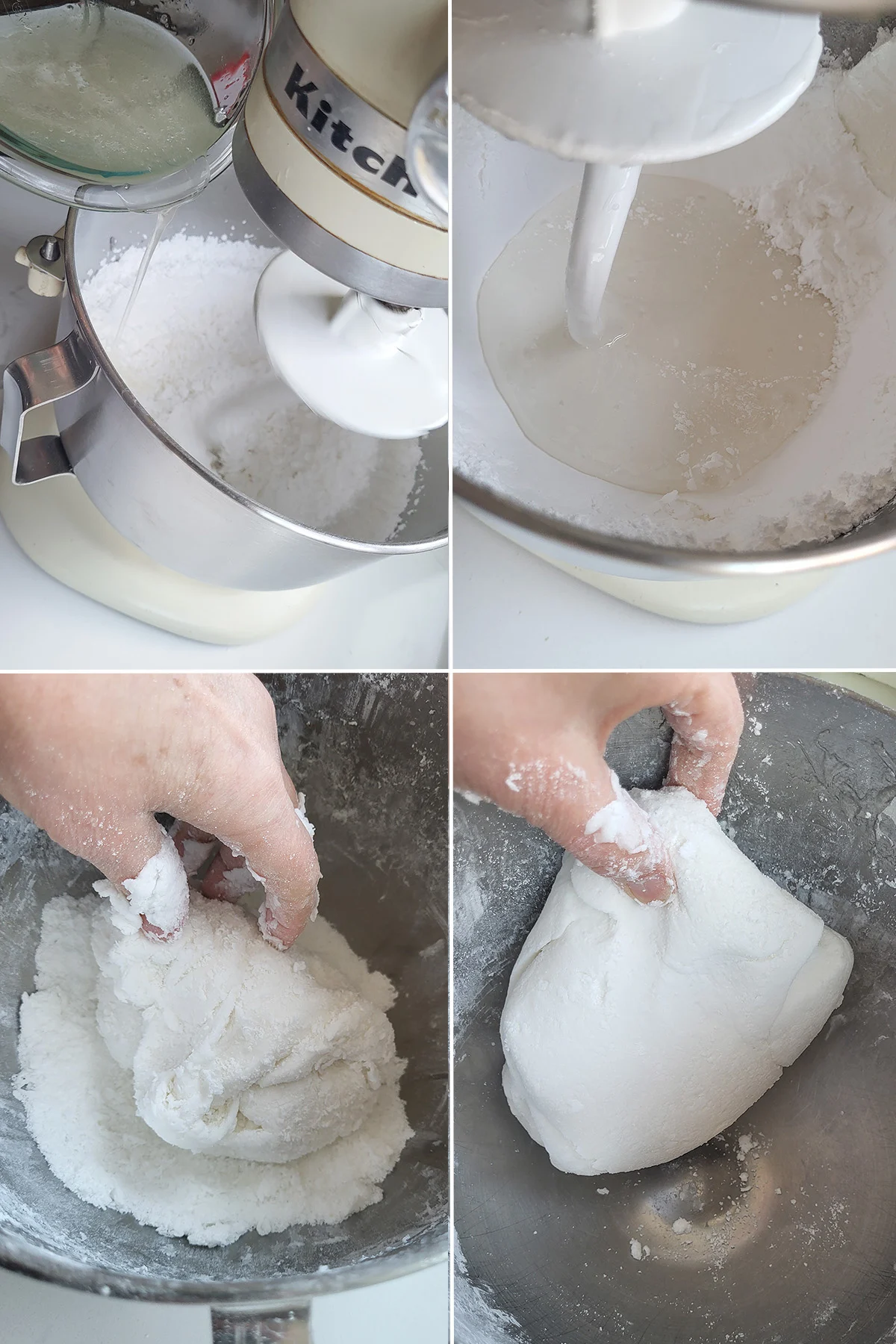 Adding gelatin to powdered sugar. Kneading rolled fondant in a mixing bowl.