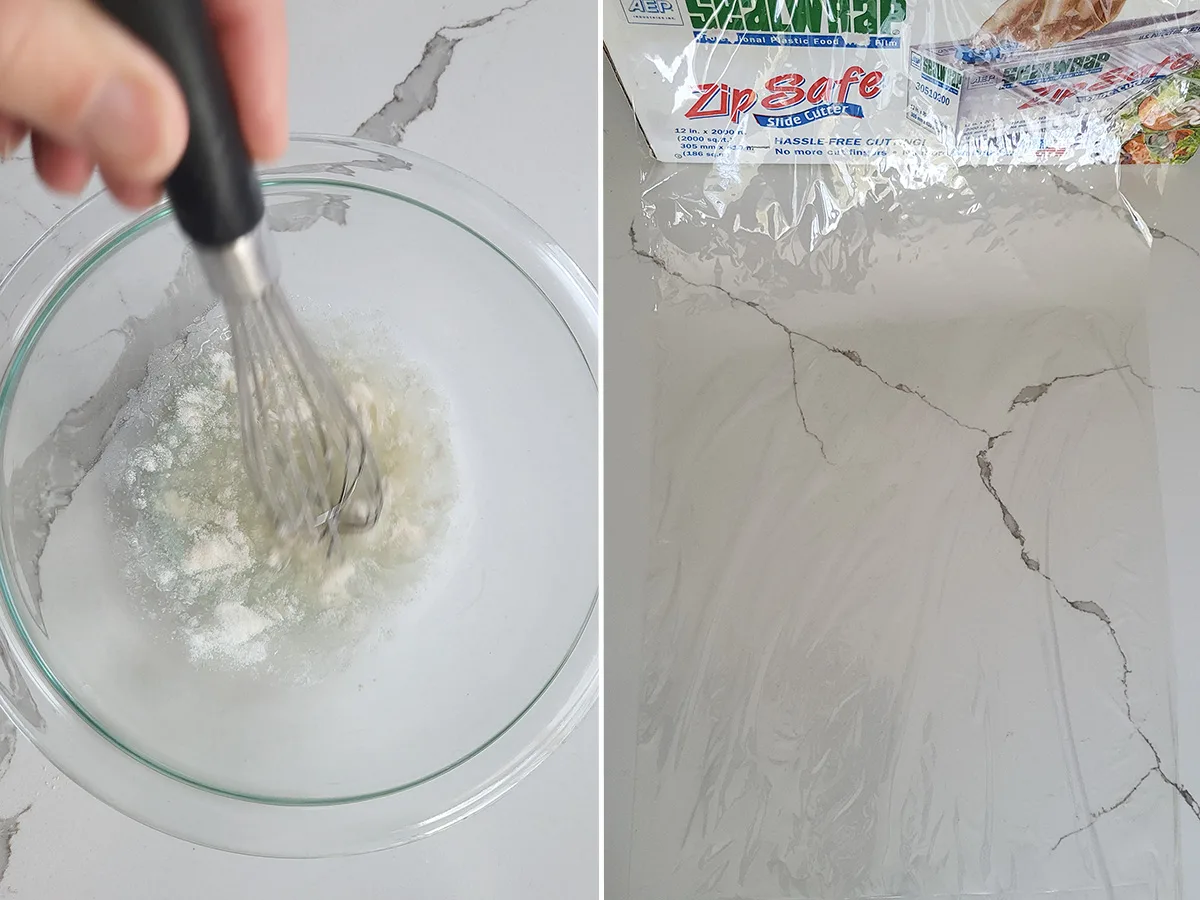 a bowl of water with gelatin powder. A sheet of plastic wrap on a counter.