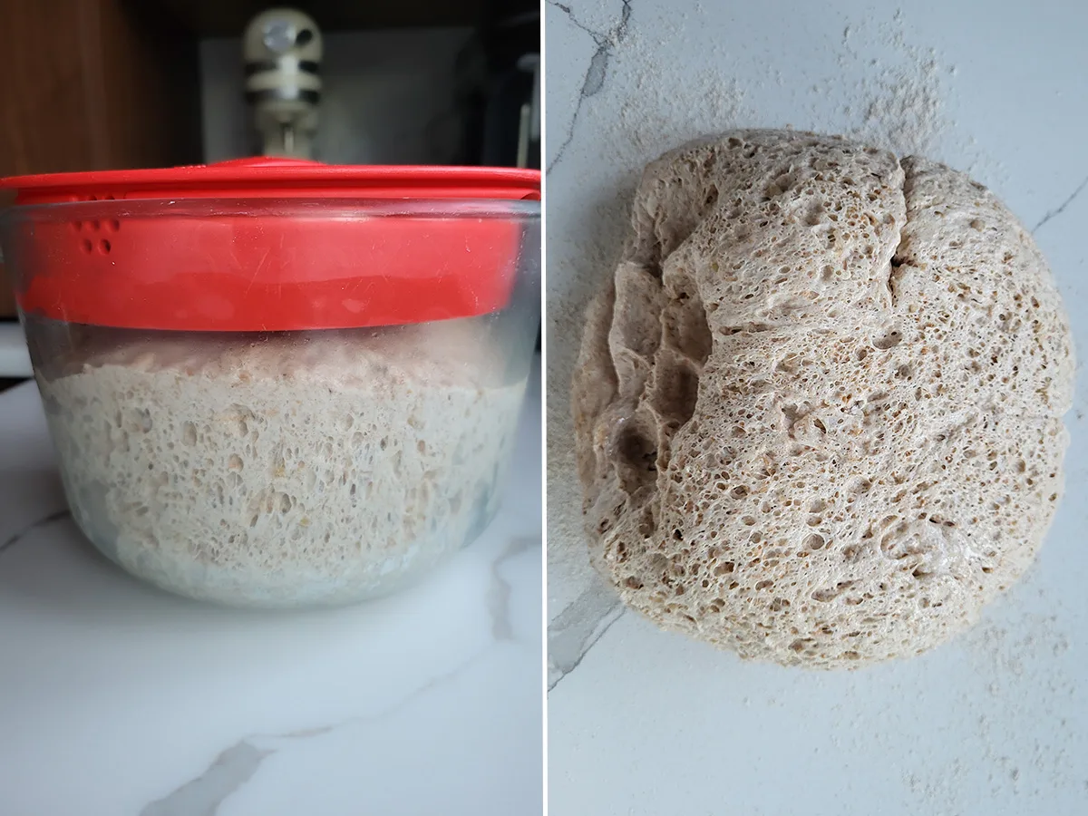 a bowl of risen bread dough. A ball of risen bread dough on a counter.